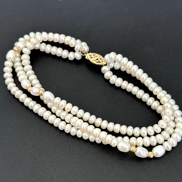 14K Yellow Gold Genuine Real Cream Pearl Triple Strand Bracelet - Picture 1 of 12